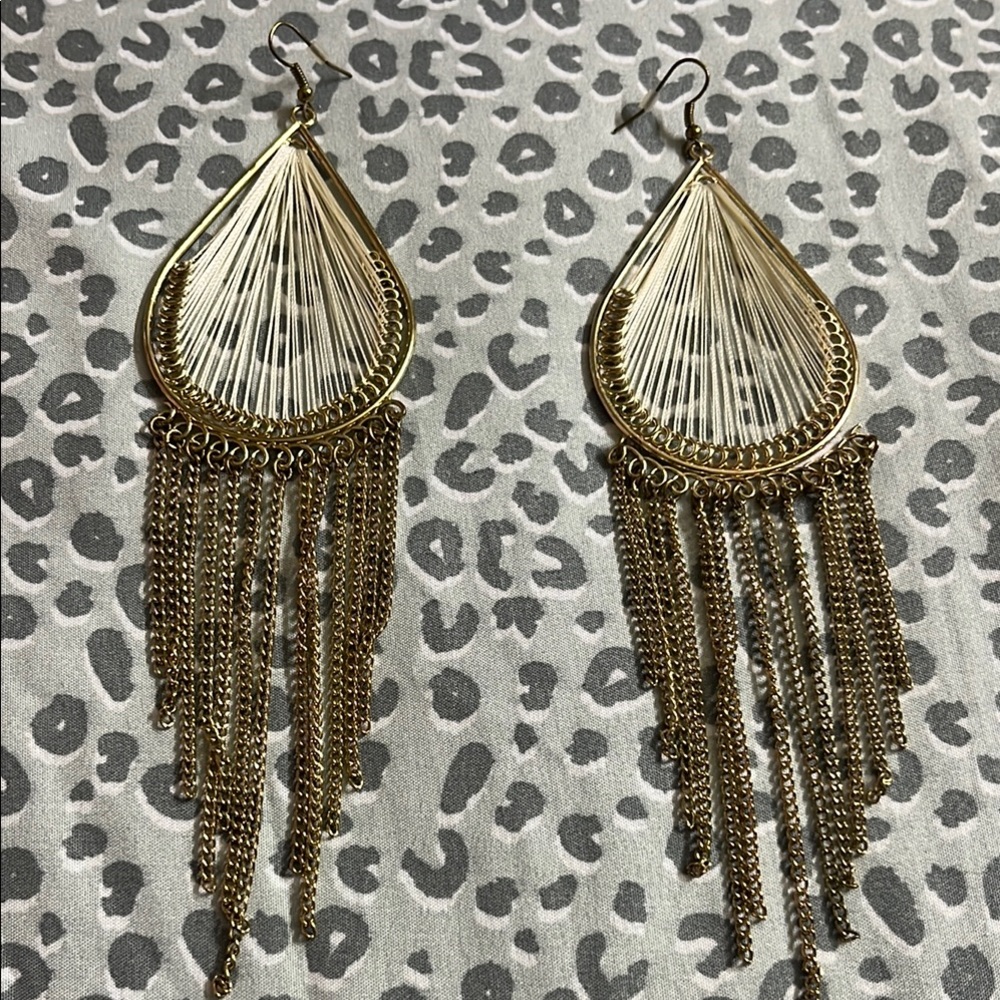 Elegant Gold Teardrop Earrings with Chain Fringe